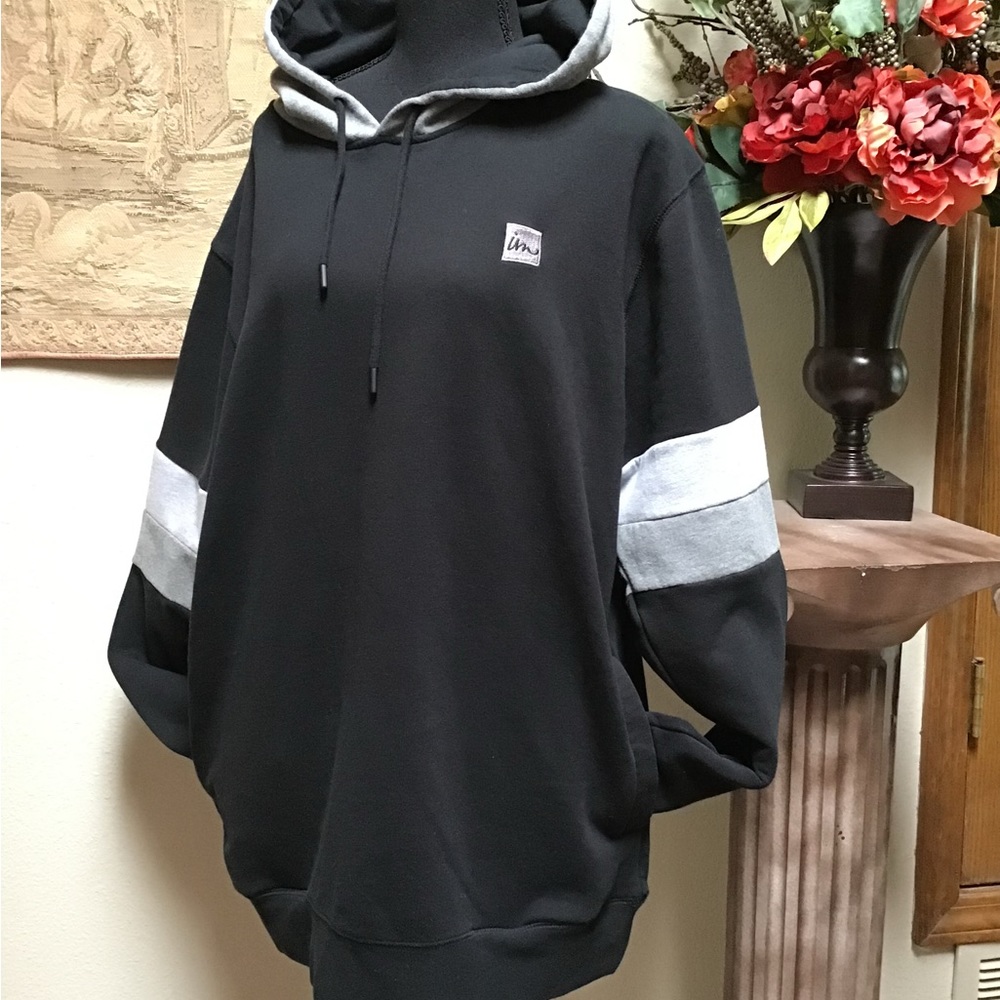 Black and gray sweatshirt with hood, size large, long sleeve, gray and black